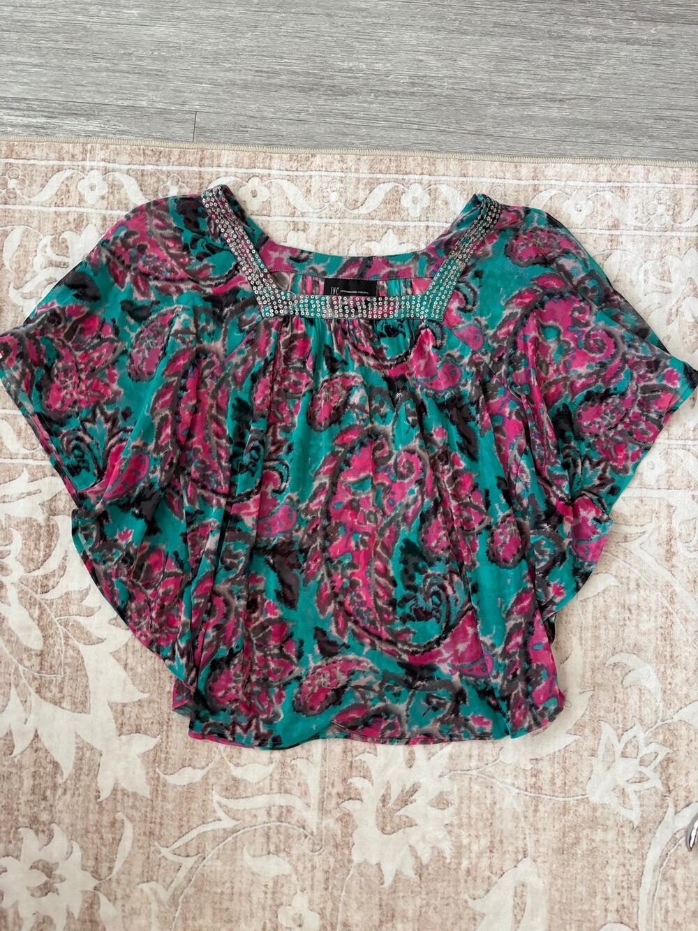INC Y2k Paisley Sequin Trim Blouse